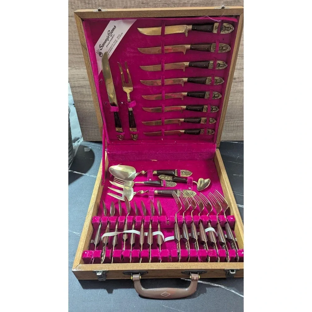 Vintage Sammy's Gems Thailand Bronze Wood Flatware Set 29 Pc‎ MCM Boho Luxury